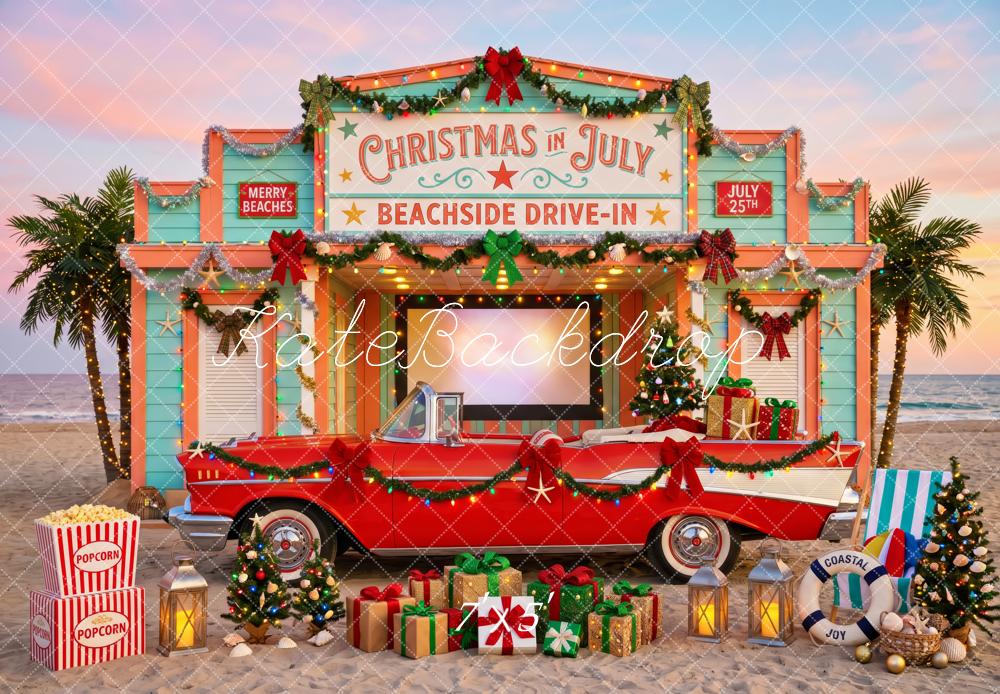 Kate Christmas in July Beach Drive-In Red Vintage Car Presents Palm Trees Printed Backdrop Designed by Patty Roberts