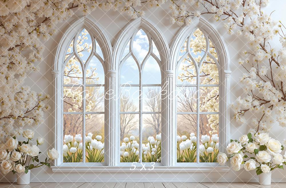 Kate Spring Floral Arch Window White Blossoms Printed Backdrop Designed by Mini MakeBelieve