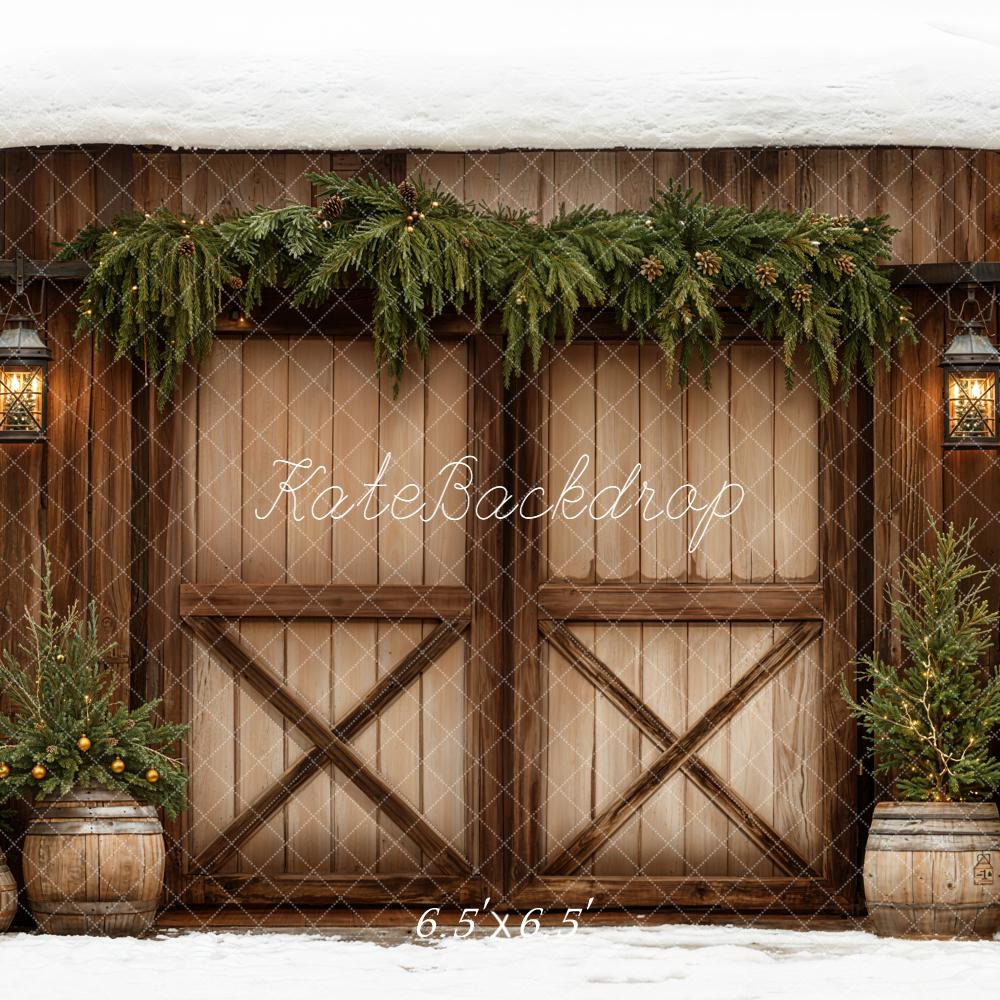 Kate Christmas Brown Barn Door Pine Trees Snow Backdrop Designed by Emetselch
