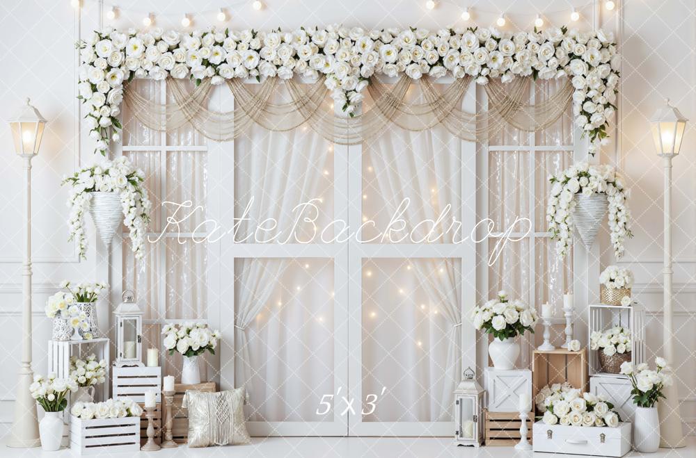 Kate Spring White Rose Flower Arch Lanterns Crates Backdrop Designed by Mini MakeBelieve