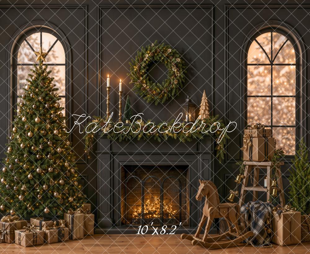 Kate Christmas Fireplace Tree Rocking Horse Wreath Gifts Black Printed Backdrop Designed by Emetselch