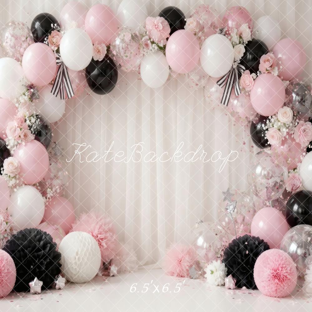 Kate Cake Smash Pink Black White Balloon Flower Arch Printed Backdrop Designed by Vertigo Productions