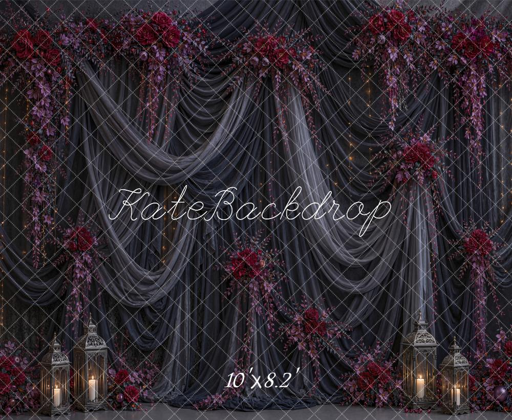 Kate Halloween Dark Drapes Floral Lanterns Printed Backdrop Designed by Chain Photography