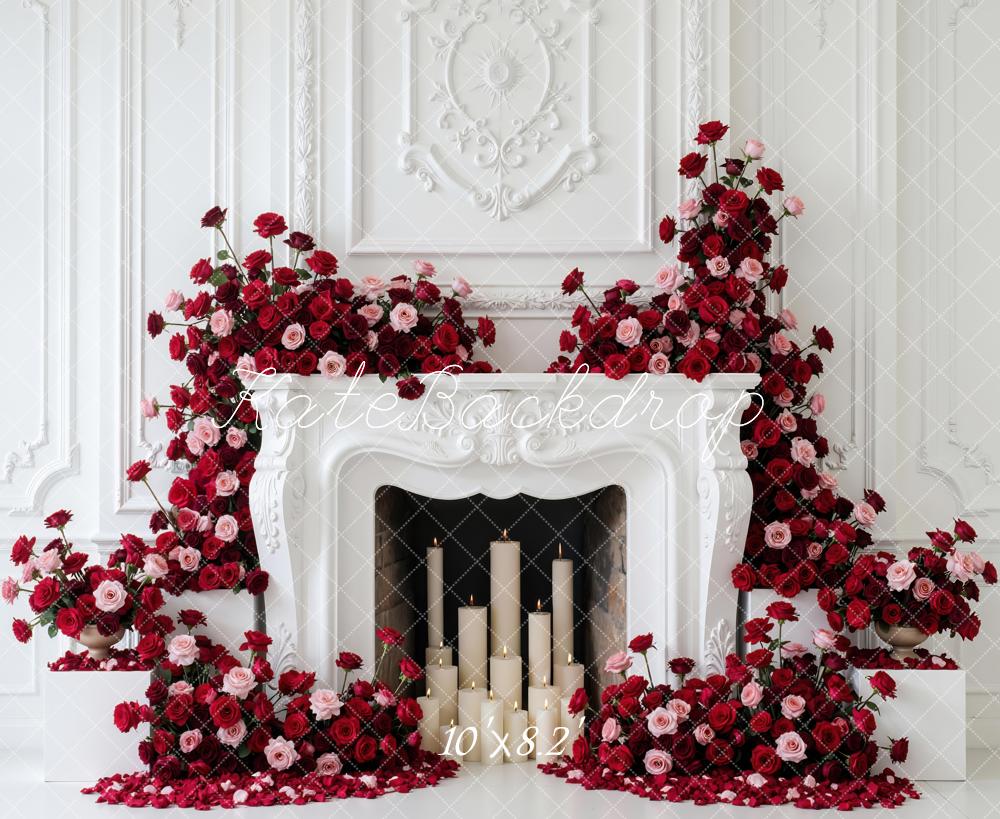 Kate Valentine's Day Red Pink Roses Fireplace Candles Backdrop Designed by Mini MakeBelieve