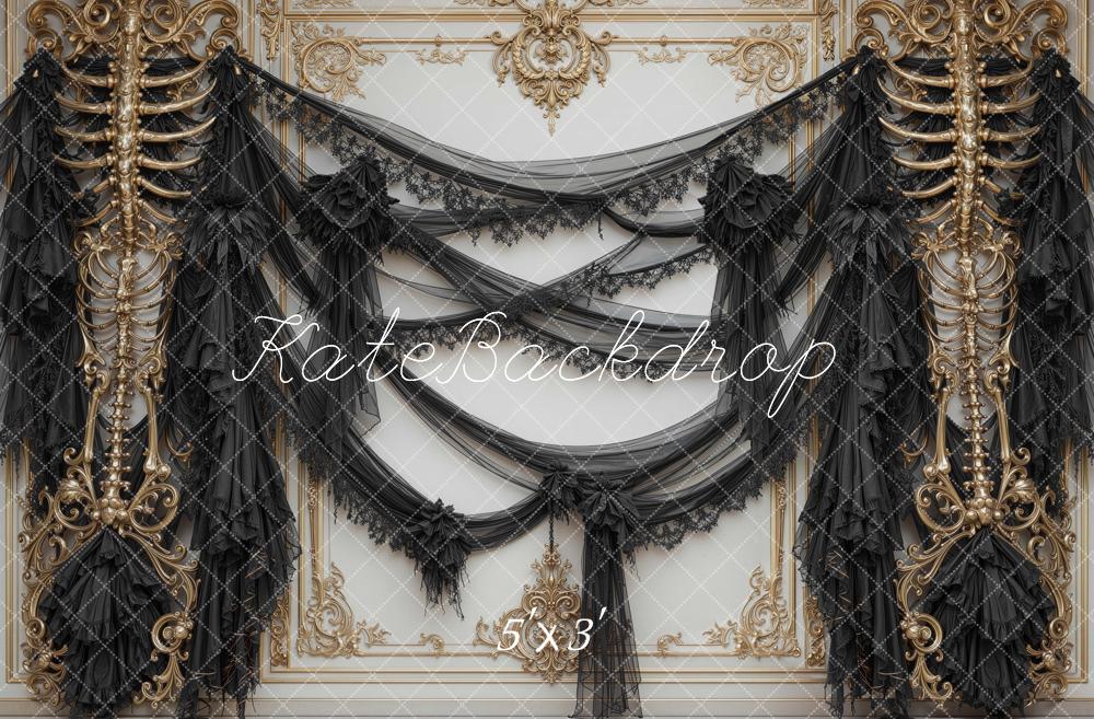 Kate Halloween Black Gothic Drapery Bone Wall Printed Backdrop Designed by Mini MakeBelieve