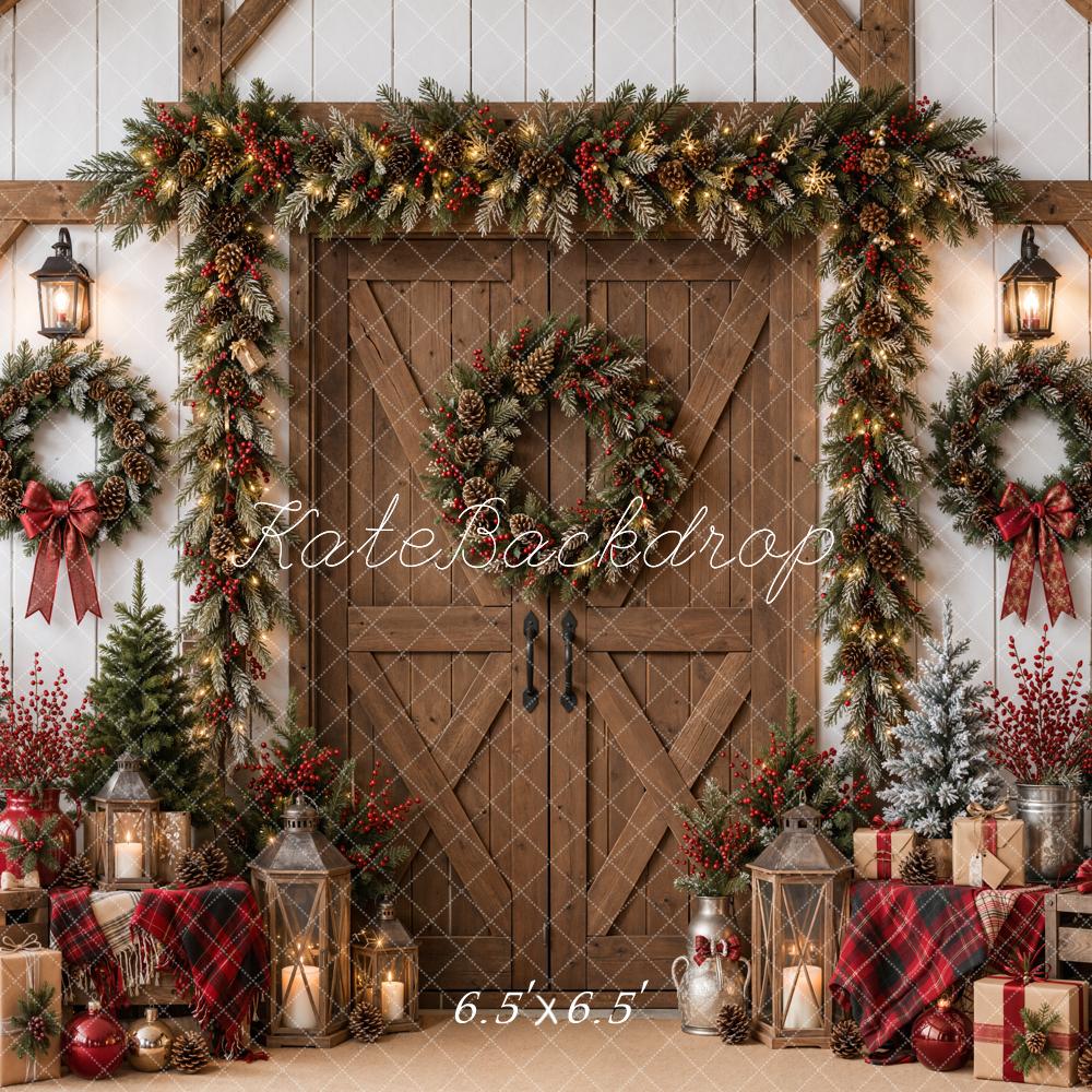 Kate Christmas Rustic Barn Door Garland Wreaths Gifts Printed Backdrop Designed by Emetselch