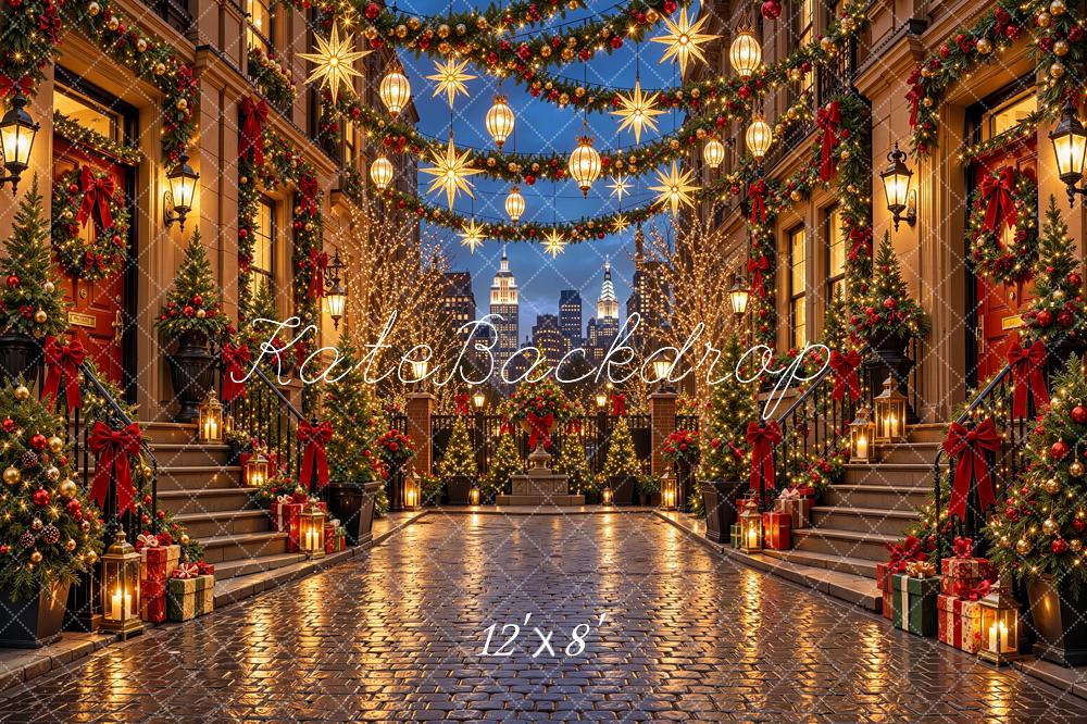 Kate Christmas Urban City Street Buildings Red Bows Garlands Lights Printed Backdrop Designed by Shutter Swan Studios