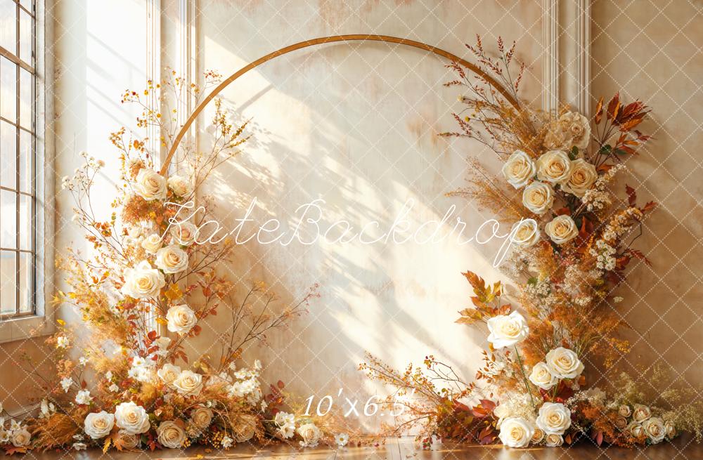 Kate Fall Flower Arch Beige Roses Dried Leaves Backdrop Designed by Emetselch