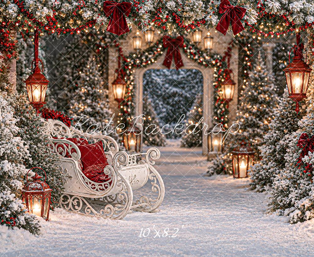 Kate Christmas Snowy Sleigh Lantern Archway Pine Trees Printed Backdrop Designed by Angela Miller