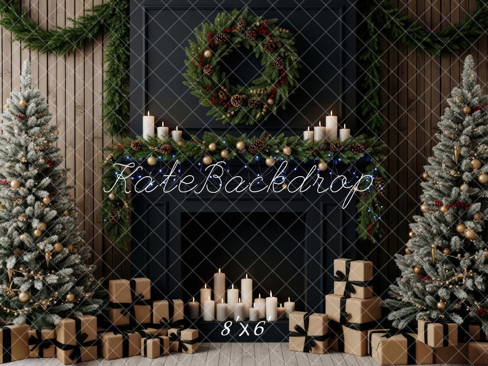 Kate Christmas Fireplace Garland Wreath Frosted Trees Backdrop Designed by Patty Roberts