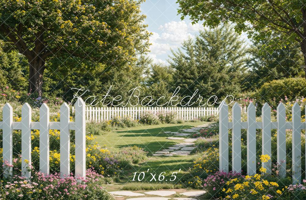 Kate Spring White Fence Path Floral Garden Backdrop Designed by Emetselch