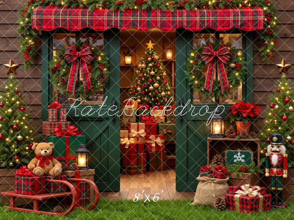 Kate Christmas Storefront Porch Plaid Trees Presents Nutcracker Printed Backdrop Designed by Mini MakeBelieve