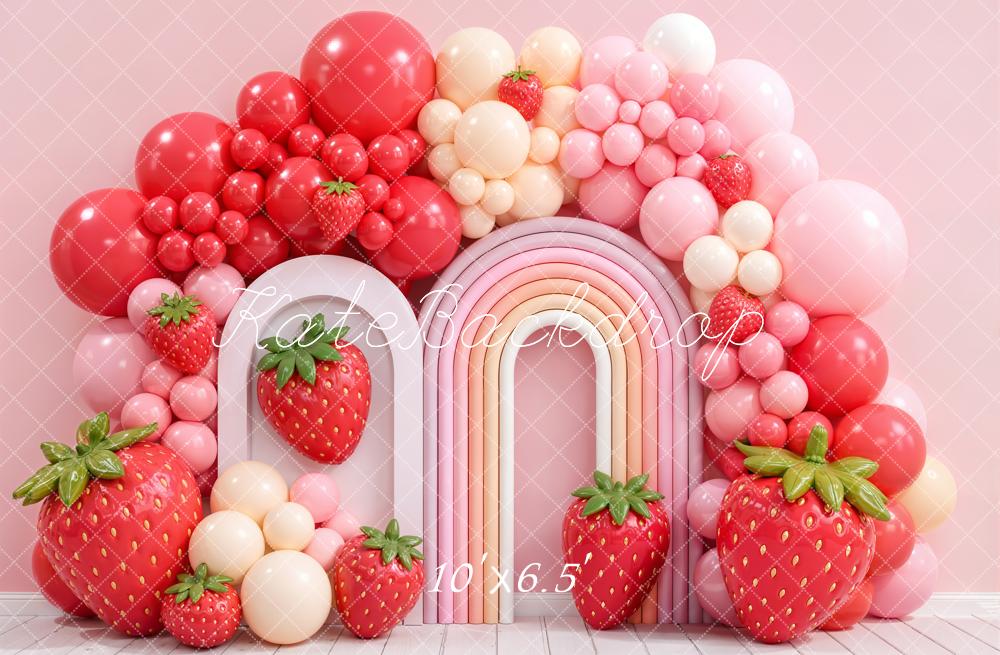 Kate Cake Smash Birthday Strawberry Balloon Arch Pink Rainbow Printed Backdrop Designed by Emetselch
