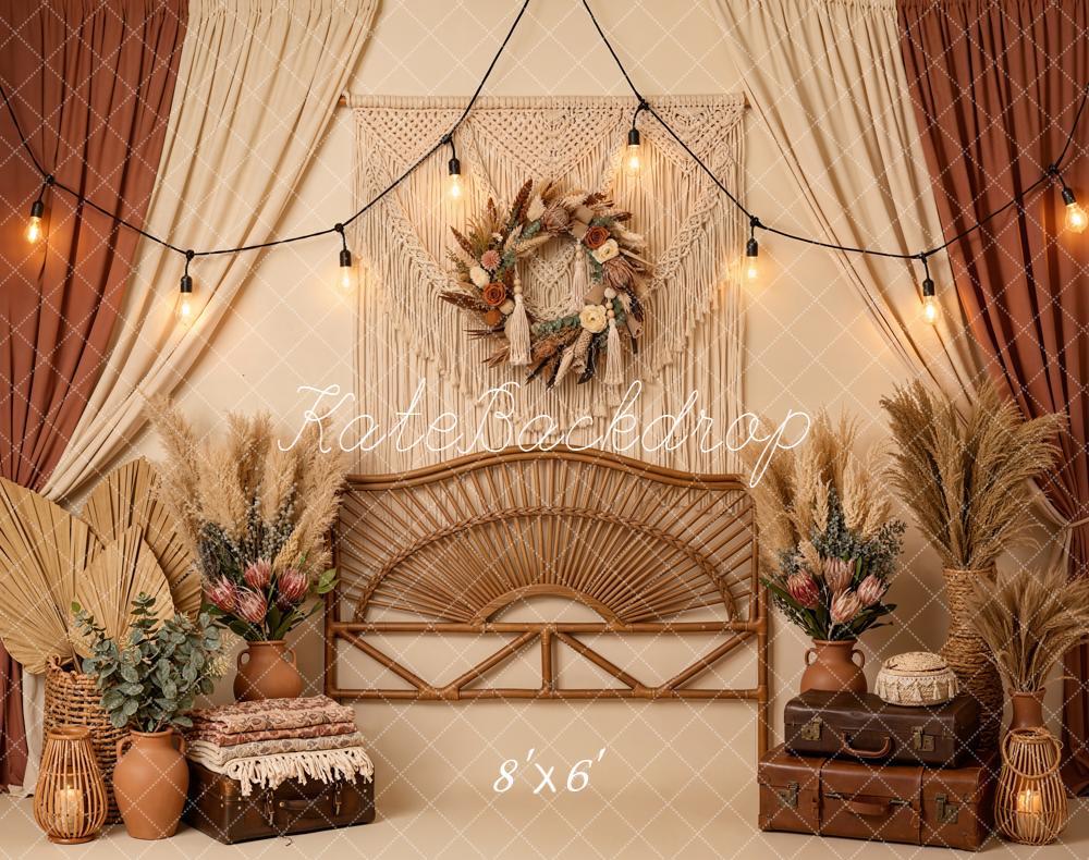 Kate Boho Macrame Wreath Pampas Grass Rattan Bench Backdrop Designed by Emetselch