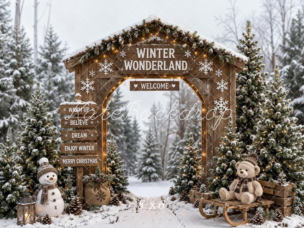 Kate Christmas Winter Wonderland Wood Arch Snowy Pines Snowman Printed Backdrop Designed by Emetselch