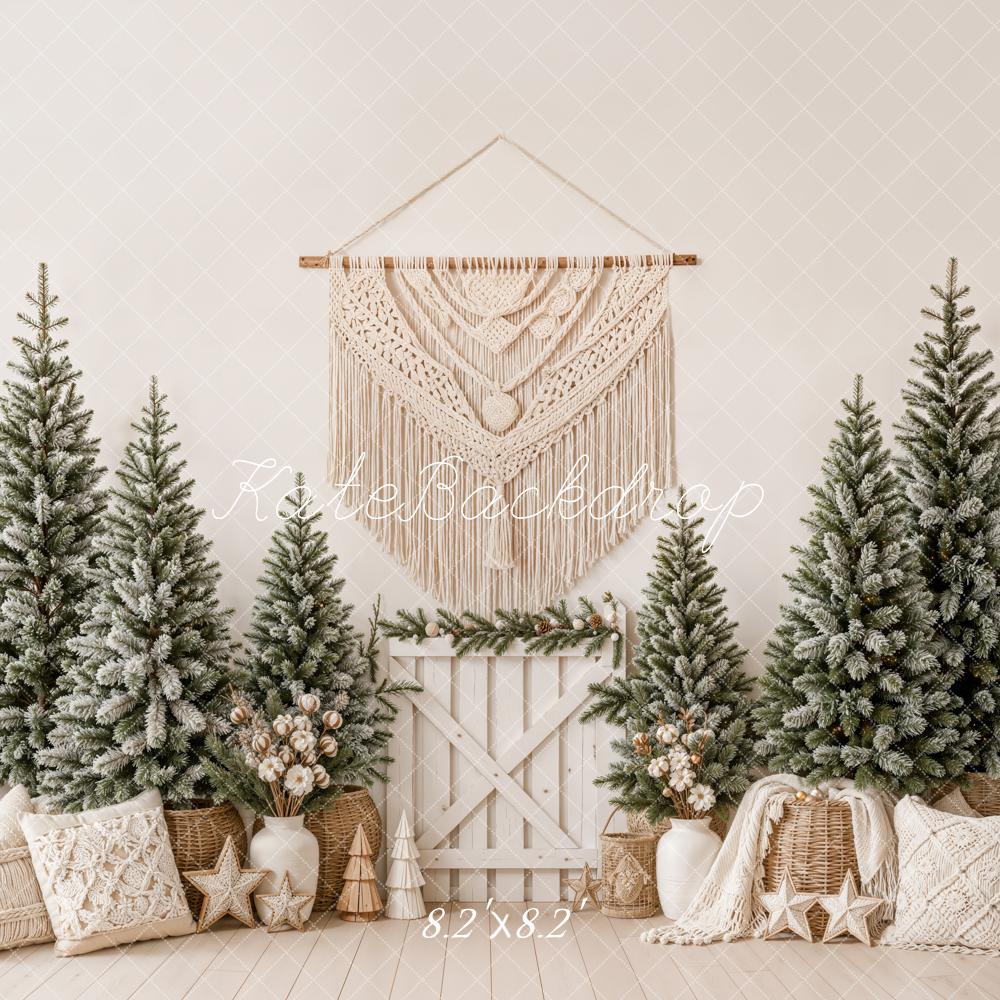 Kate Christmas Boho Snowy Pine Trees Macrame Pillows Printed Backdrop Designed by Emetselch