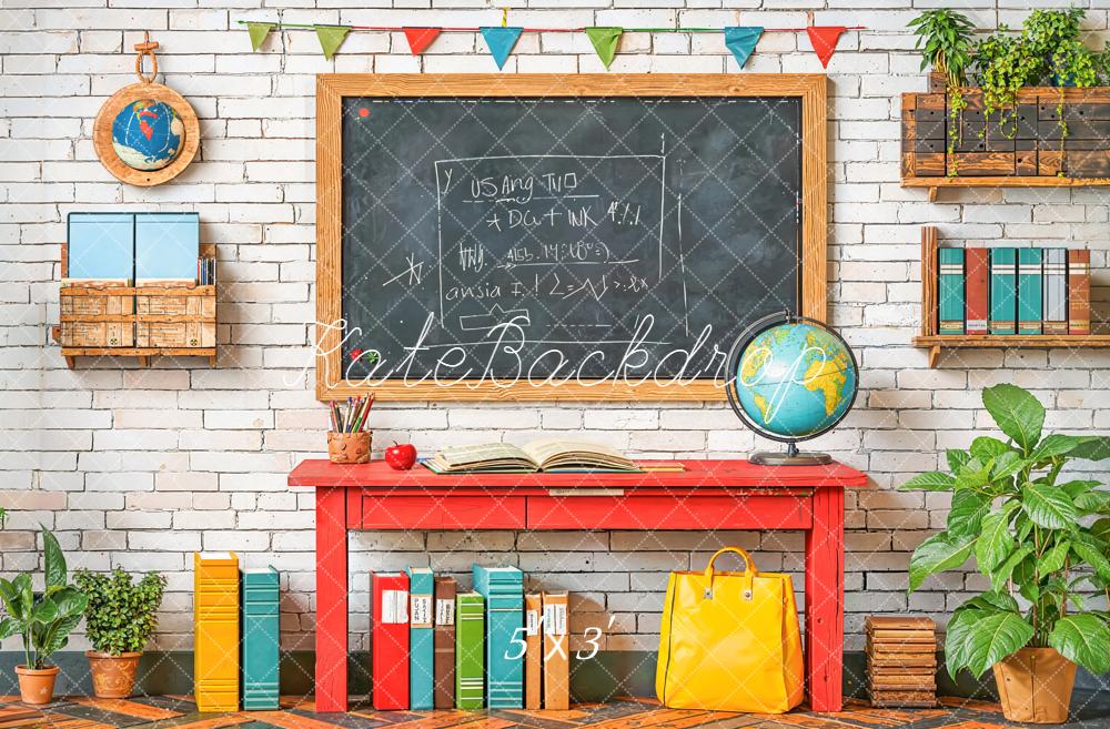 Kate Back To School Blackboard Red Desk Books Globe Backdrop Designed by Emetselch