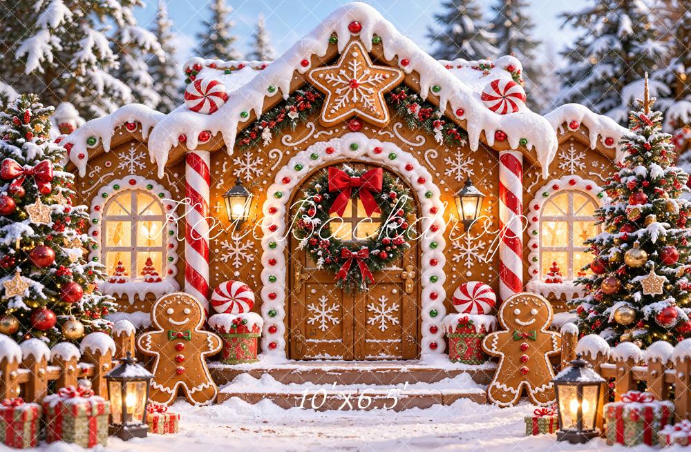 Kate Christmas Snowy Gingerbread House Doorway Candy Cane Printed Backdrop Designed by Chain Photography