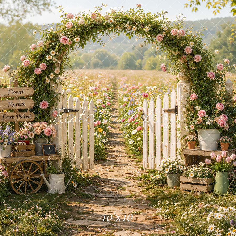 Kate Spring Pink Flower Arch Garden Fence Gate Path Field Printed Backdrop Designed by Emetselch