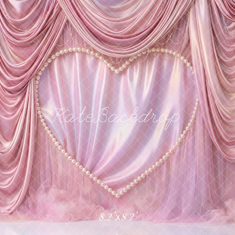 Kate Valentines Romantic Pink Drapes Pearl Heart Printed Backdrop Printed Backdrop Designed by Angela Miller