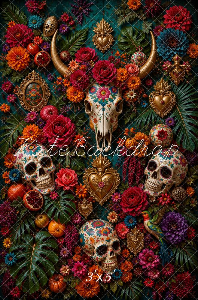 Kate Mexican Day Of The Dead Fine Art Skulls Floral Horns Printed Backdrop Designed by Ashley Ward