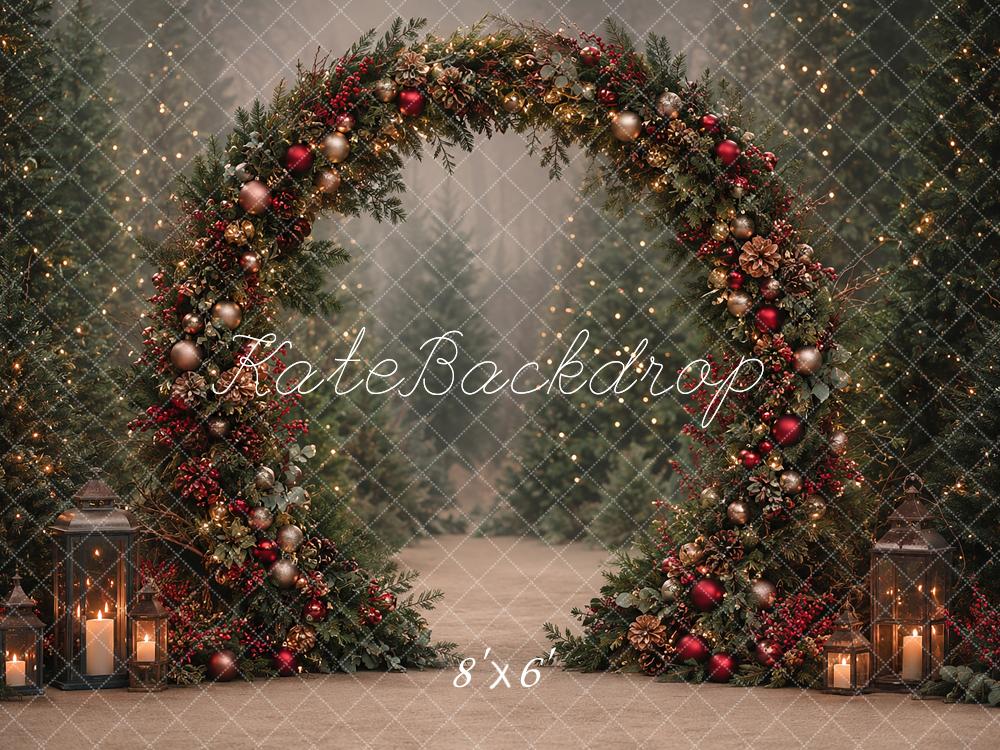 Kate Christmas Evergreen Garland Arch Forest Lanterns Candlelight Printed Backdrop Designed by Angela Miller