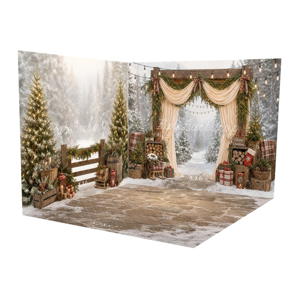 Kate Christmas Outdoor Arch Pine Garland Plaid Gifts Drapes Printed Backdrop Room Set
