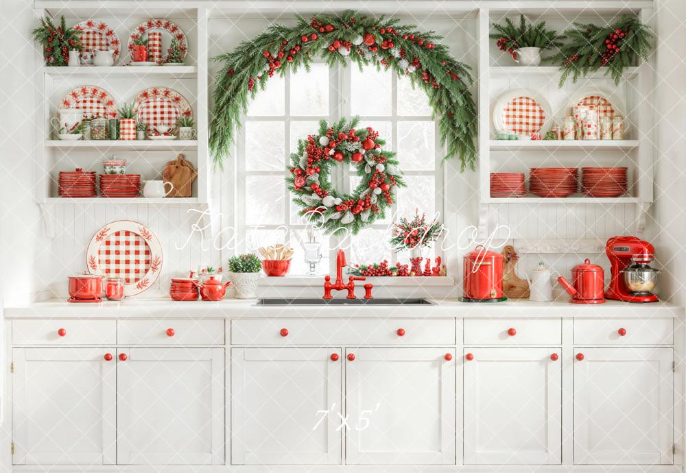 Kate Christmas Kitchen Red Plaid Dishes Garland Wreath Window Backdrop Designed by Emetselch