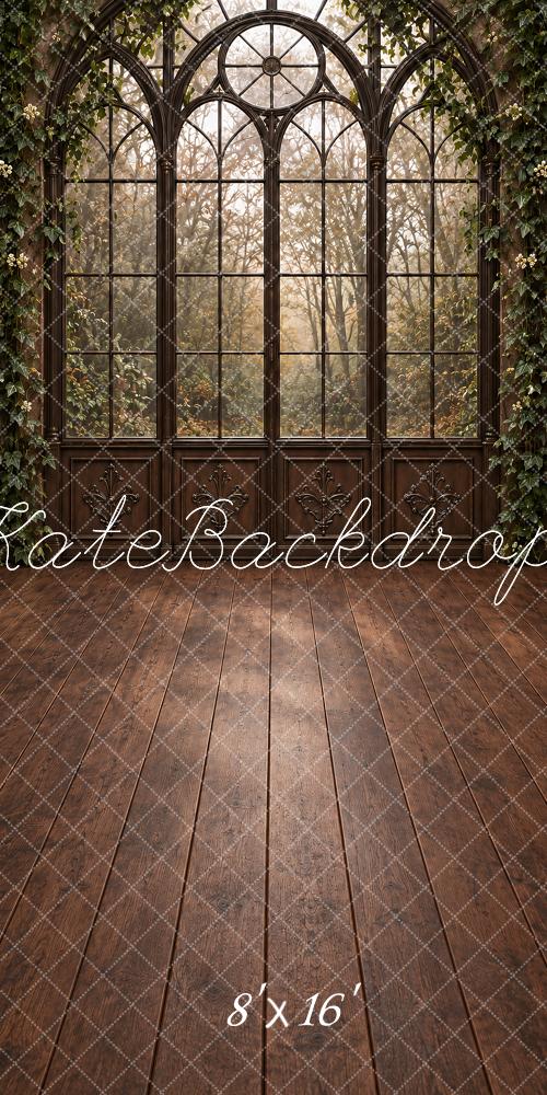 Kate Sweep Forest Gothic Arched Window Wood Floor Printed Backdrop Designed by Vertigo Productions