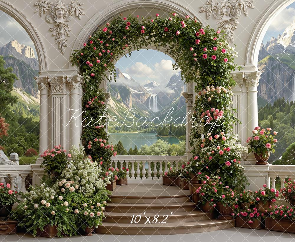 Kate Spring Flower Arch Columns Mountain Waterfall Garden Printed Backdrop Designed by Mini MakeBelieve
