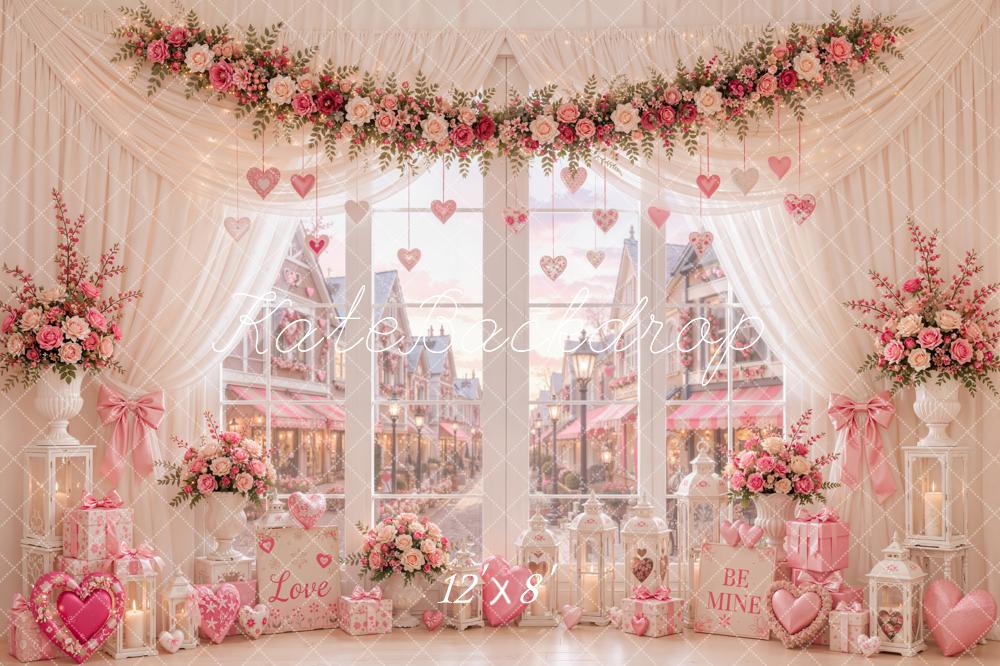 Kate Valentine's Day Floral Window Hanging Hearts Street View Printed Backdrop Designed by Emetselch