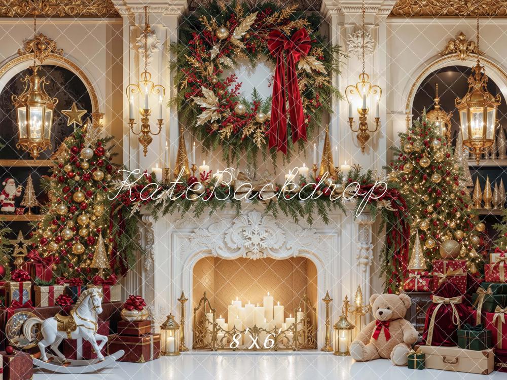 Kate Christmas Fireplace Luxury Trees Wreath Gifts Printed Backdrop Designed by Mini MakeBelieve