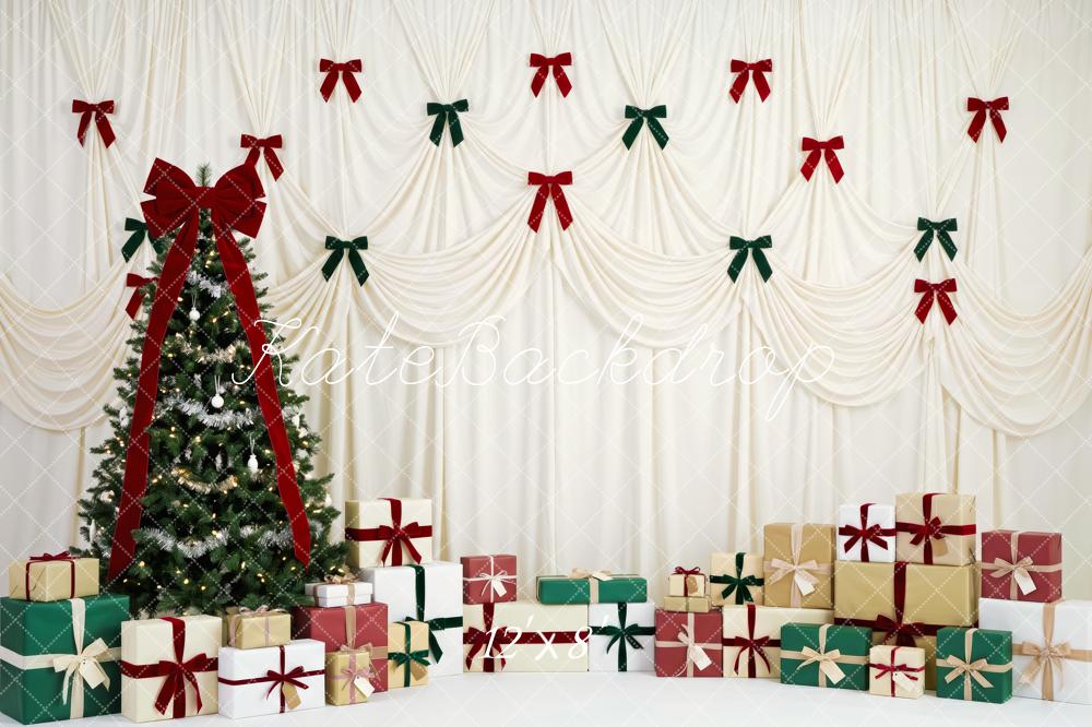 Kate Christmas Tree Elegant Ribbon Wall Gift Boxes Red Green Bows Printed Backdrop Designed by Patty Roberts