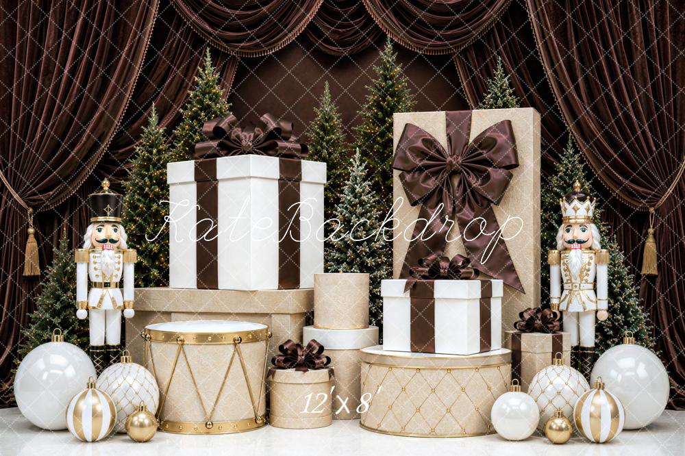 Kate Christmas Nutcracker Gift Boxes Tree Brown Curtains Printed Backdrop Designed by Mini MakeBelieve