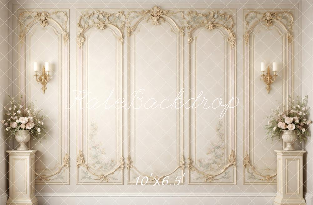 Kate Elegant Vintage Wall Floral Pedestals Sconces Printed Backdrop Designed by Vertigo Productions