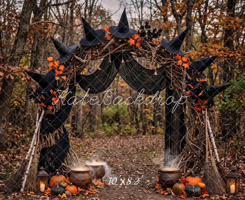 Kate Halloween Witch Hat Pumpkin Woodland Arch Forest Printed Backdrop Designed by Patty Roberts