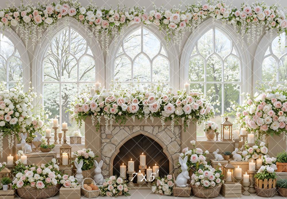 Kate Easter Bunny Flower Arch Fireplace Backdrop Designed by Mini MakeBelieve