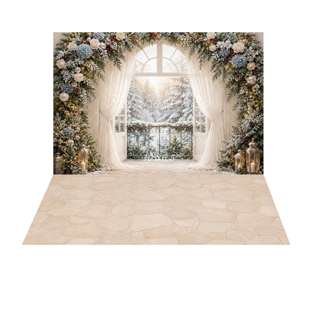 Kate Christmas Snowy Flower Arched Window Curtains Lanterns Printed Backdrop+Beige Cobblestone Abstract Texture Printed Backdrop