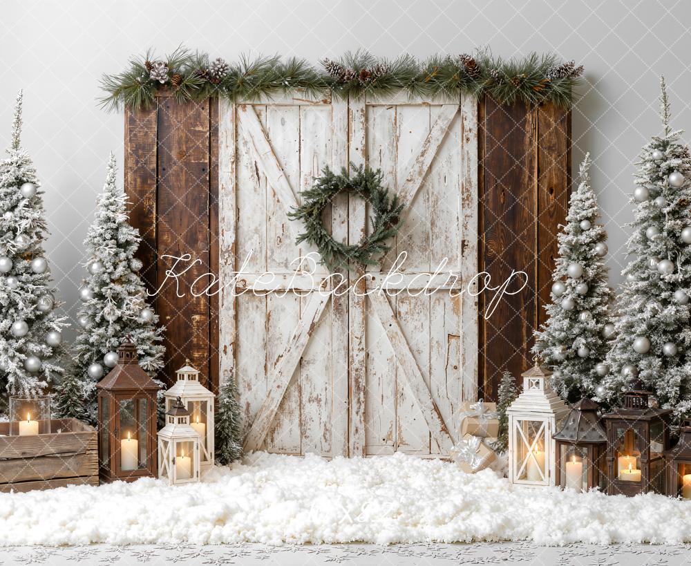 Kate Christmas Rustic Barn Door Snowy Trees Lanterns Printed Backdrop Designed by Emetselch