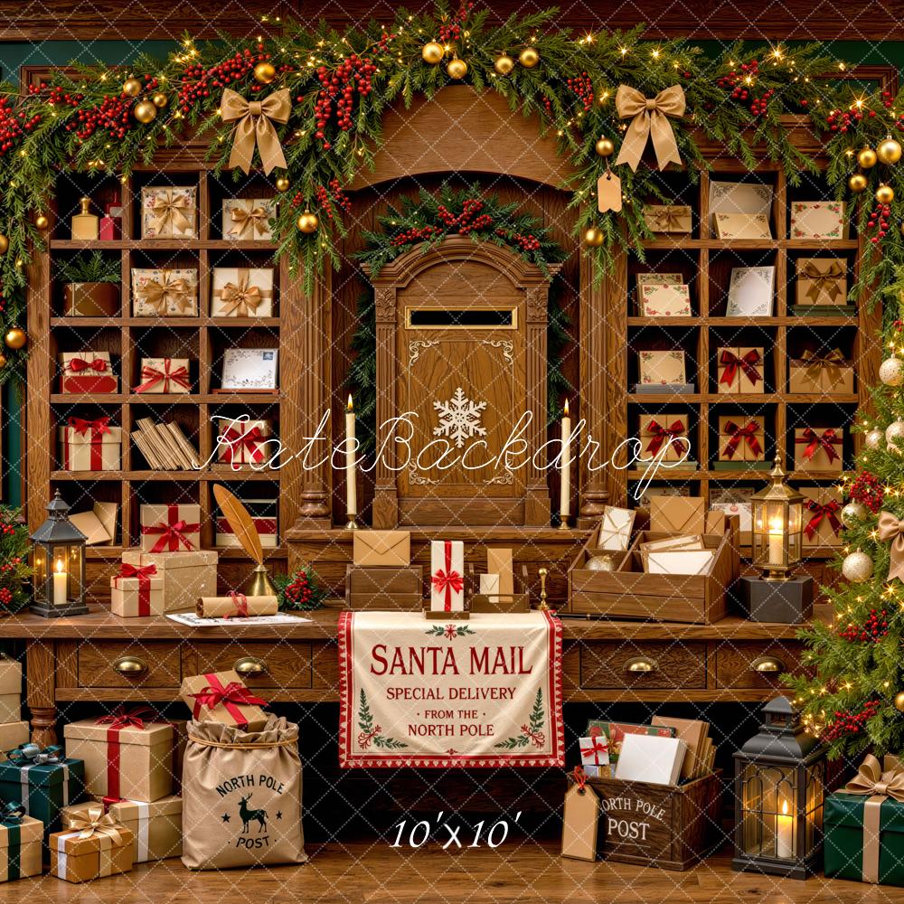 Kate Christmas Post Office Gifts Tree Shelves Printed Backdrop Designed by Mini MakeBelieve