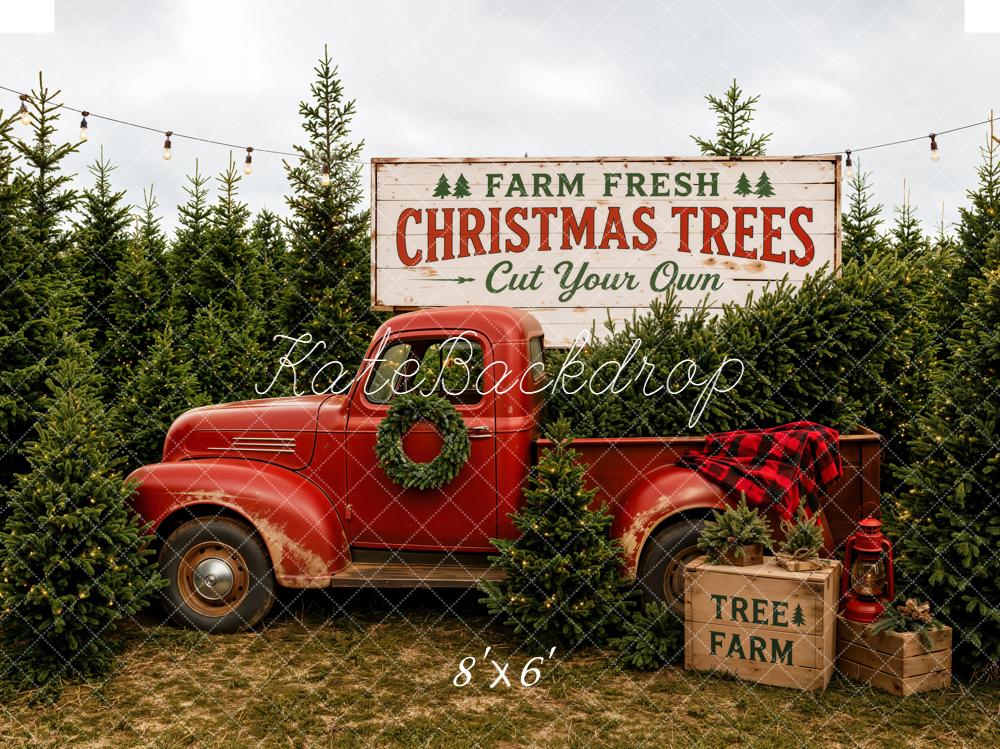 Kate Christmas Red Truck Christmas Tree Farm Printed Backdrop Designed by Emetselch