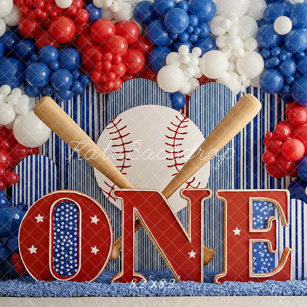 Kate Cake Smash Baseball Bats Balloons ONE Letters Red White Blue Printed Backdrop Designed by Emetselch
