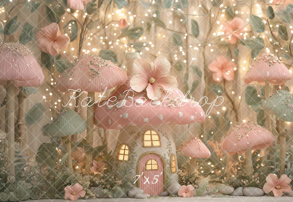 Kate Fairy Fantasy Pink Mushroom House Printed Backdrop Designed by Ashley Paul