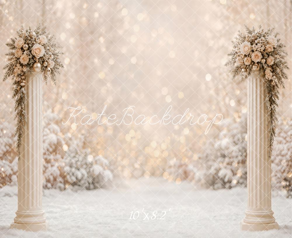 Kate Winter Flower Columns Snow Bokeh Printed Backdrop Designed by Vertigo Productions