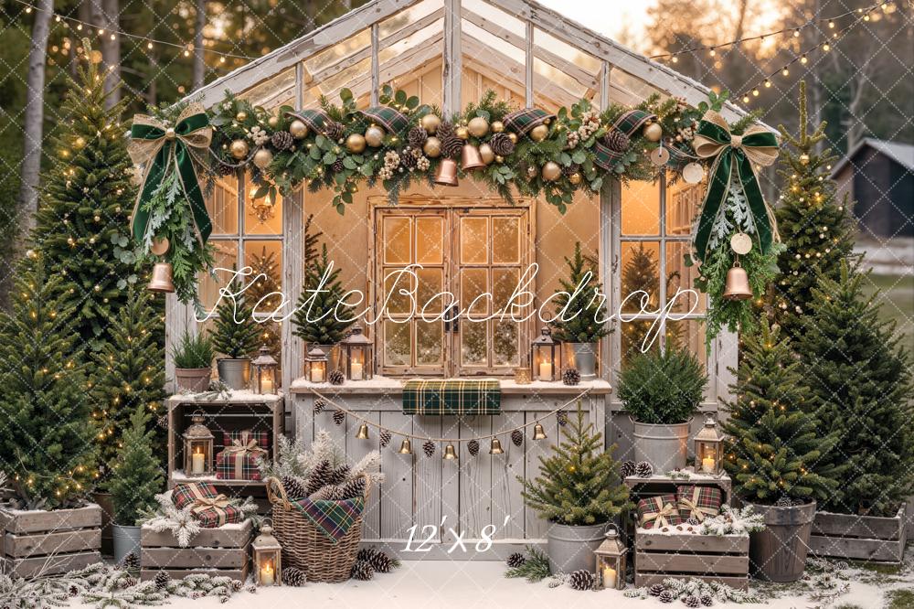 Kate Christmas Vintage Greenhouse Garland Pine Trees Printed Backdrop Designed by Emetselch