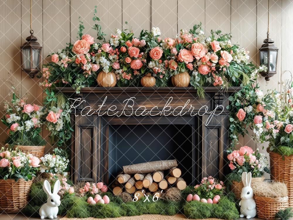 Kate Easter Bunny Floral Fireplace Wood Backdrop Designed by Patty Roberts