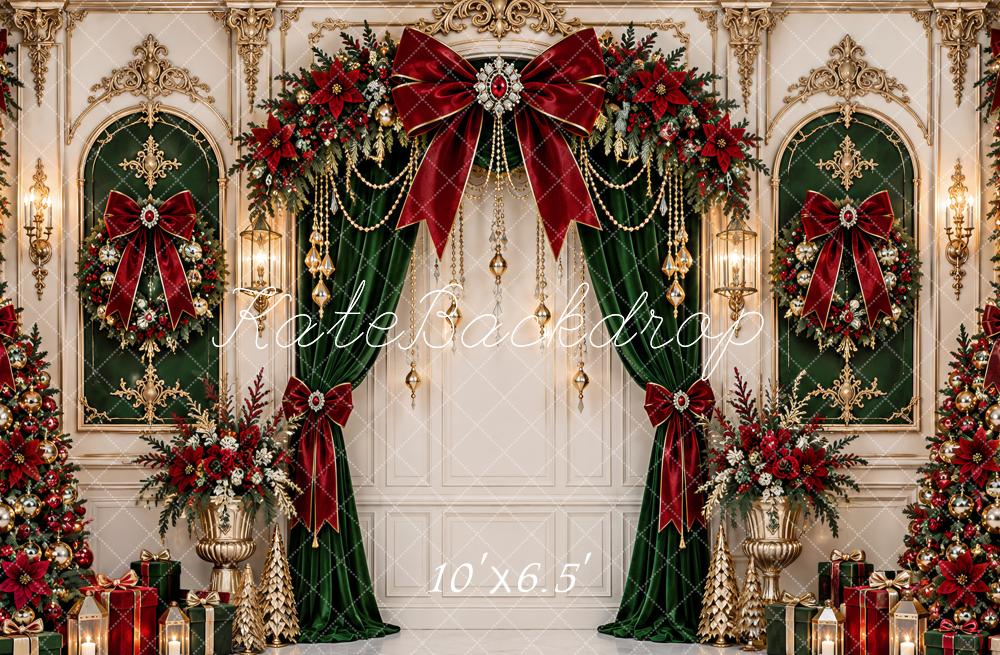 Kate Christmas Opulent Baroque Red Bow Arch Curtains Vintage Printed Backdrop Designed by Ashley Paul