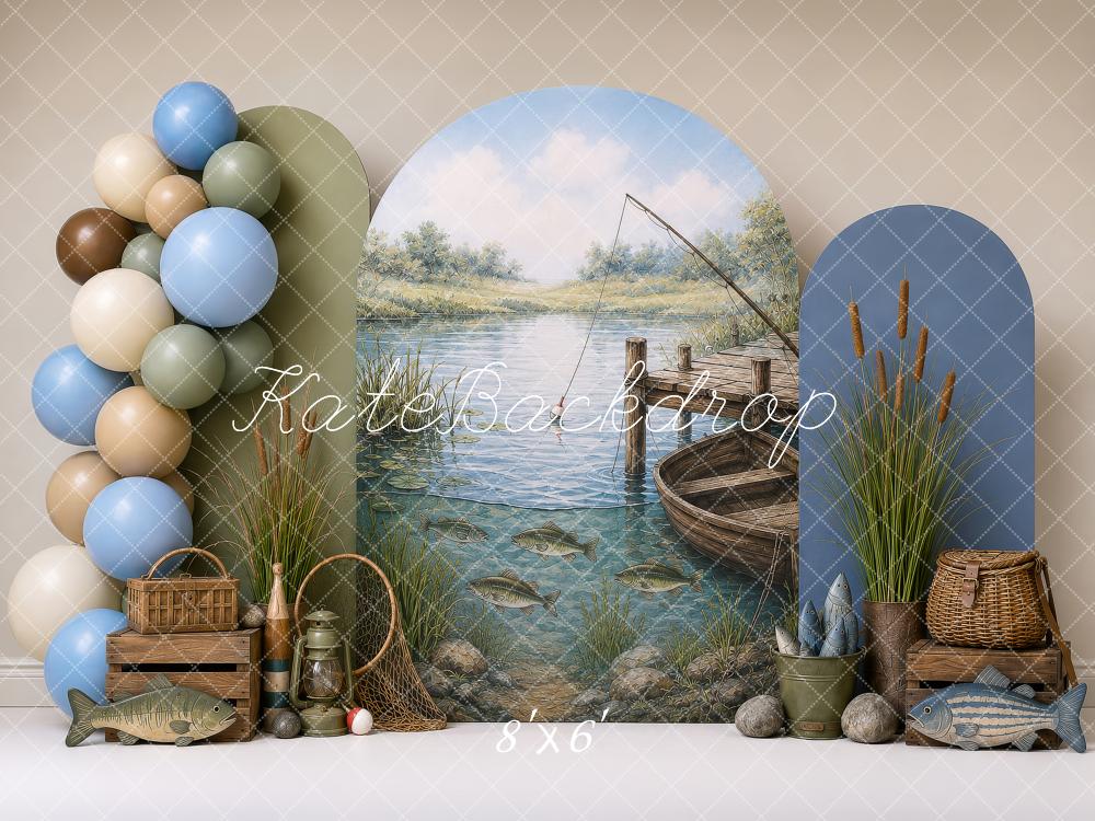 Kate Cake Smash Fishing Dock Boat Lake Scene Printed Backdrop Designed by Shutter Swan Studios