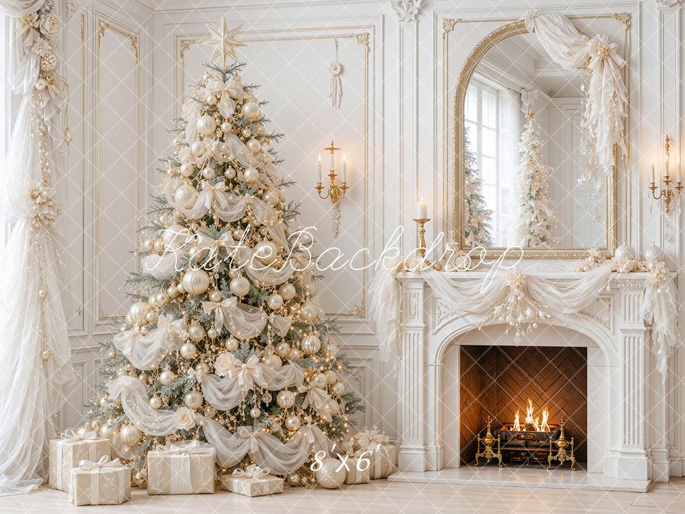 Kate Christmas Tree Luminous Ivory Tulle Fireplace Mirror Printed Backdrop Designed by Shutter Swan Studios