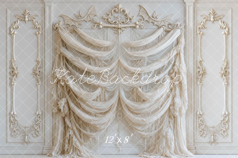 Kate Halloween Ivory Drapery Ornate Bone Wall Printed Backdrop Designed by Mini MakeBelieve